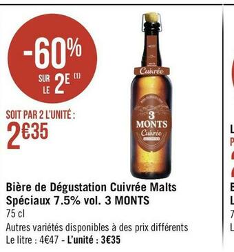 Géant Casino 3 monts bière de dégustation cuivrée malts spéciaux 7.5% vol. offre