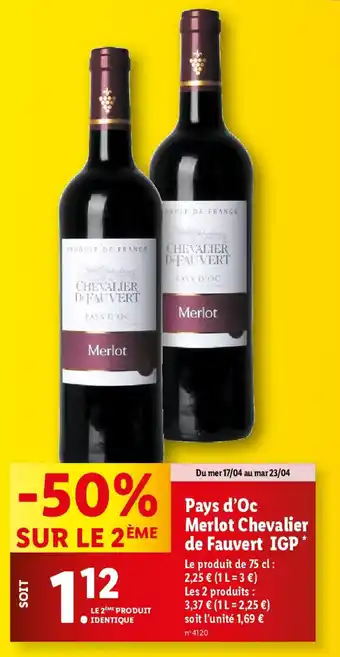 Lidl Pays d'Oc Merlot Chevalier de Fauvert IGP offre