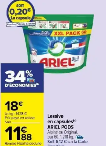 Carrefour Market Lessive en capsules(d) ARIEL PODS offre