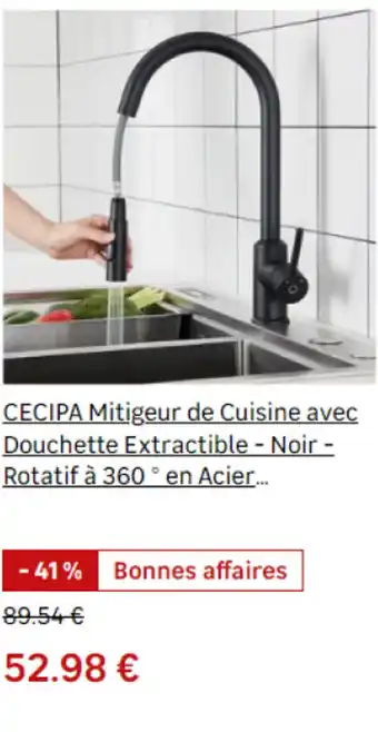 Leroy Merlin CECIPA Mitigeur de Cuisine avec Douchette Extractible - Noir - Rotatif à 360° en Acier..... offre