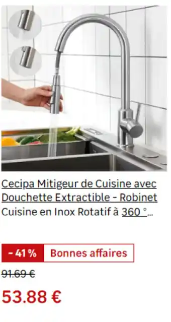 Leroy Merlin Cecipa Mitigeur de Cuisine avec Douchette Extractible - Robinet Cuisine en Inox Rotatif à 360 °... offre