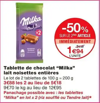 Monoprix Milka tablette de chocolat lait noisettes entières offre
