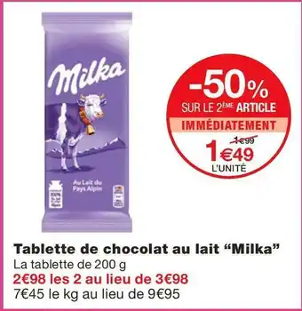 Monoprix Milka tablette de chocolat au lait offre