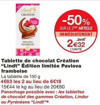 Monoprix Lindt tablette de chocolat création édition limitée pavlova framboise offre