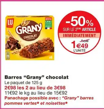 Monoprix Grany barres “grany” chocolat offre