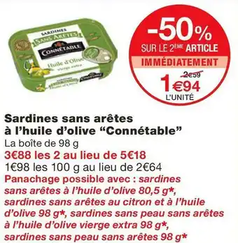 Monoprix Connétable sardines sans arêtes à l’huile d’olive offre