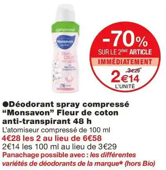 Monoprix Monsavon déodorant spray compressé fleur de coton anti-transpirant 48 h offre