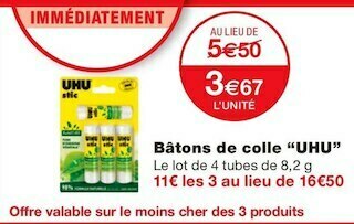 Monoprix Uhu bâtons de colle offre