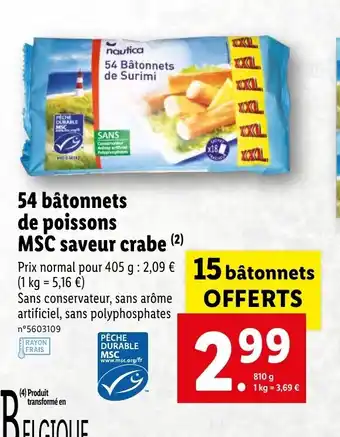 Lidl 54 Bâtonnets de poissons MSC saveur crabe offre