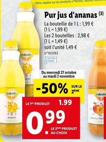 Lidl Pur jus d'ananas offre