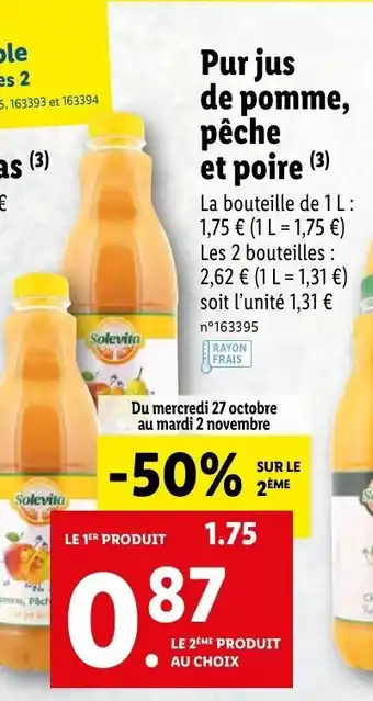 Lidl Pur jus de pomme, pêche et poire offre