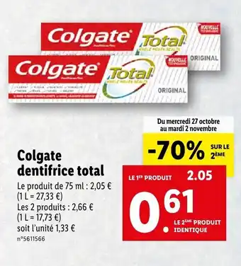 Lidl Colgate dentifrice total offre