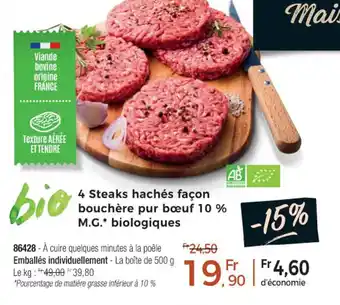 Thiriet 4 Steaks hachés façon bouchère pur bœuf 10 % M.G.* biologiques offre