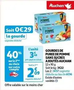 Auchan Auchan - gourdes de puree de pomme sans sucres ajoutes offre