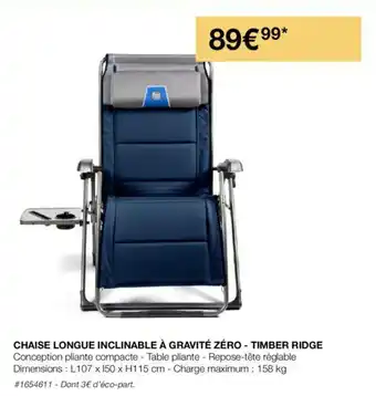 Costco CHAISE LONGUE INCLINABLE À GRAVITÉ ZÉRO - TIMBER RIDGE offre