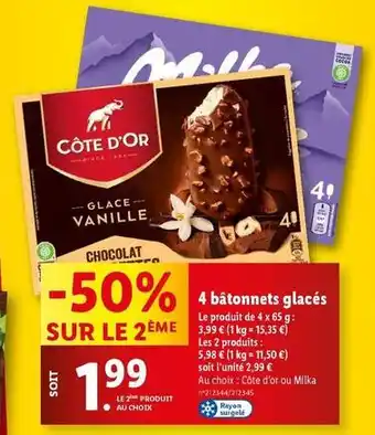 Lidl Côte d'or - 4 bâtonnets glacés offre