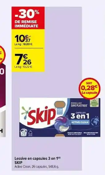 Carrefour Contact Lessive en capsules 3 en 1(d) SKIP offre