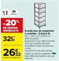 Carrefour Grande tour de rangement à roulettes-5 tiroirs xl offre