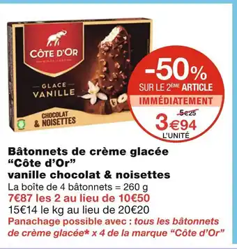 Monoprix Côte d’Or Bâtonnets de crème glacée vanille chocolat & noisettes offre