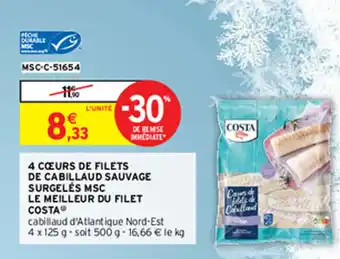 Intermarché 4 CŒURS DE FILETS DE CABILLAUD SAUVAGE SURGELÉS MSC LE MEILLEUR DU FILET COSTA offre