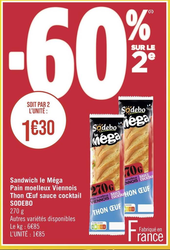 Promo SODEBO Sandwich le Méga Pain moelleux Viennois Thon Œuf sauce