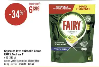 Casino Supermarchés FAIRY Capsules lave-vaisselle Citron Tout en 1 offre