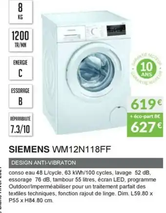 Copra Siemens WM12N118FF offre