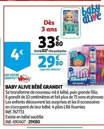 Auchan Baby Alive Bébé Grandit offre
