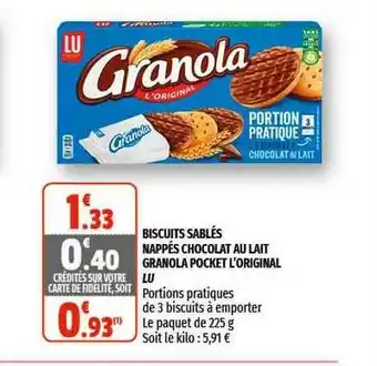 Coccinelle Supermarché Biscuits Sablés Nappés Chocolat Au Lait Granola Pocket L'original Lu offre