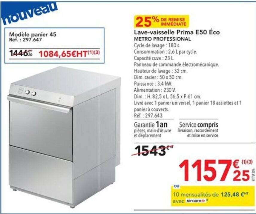 Promo Lavevaisselle Prima E50 Éco METRO PROFESSIONAL Cycle de lavage 180s. Consommation 2,6 L