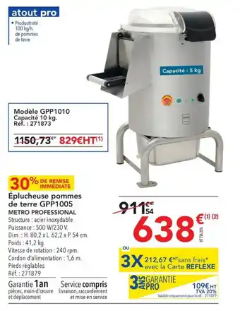 Ăplucheuse pommes de terre GPP1005 METRO PROFESSIONAL Structure: acier inoxydable. Puissance: 500 W/230 V.