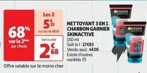 Auchan Garnier - nettoyant 3 en1 charbon skinactive offre