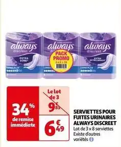 Auchan Always - serviettes pour fuites urinaires discreet offre