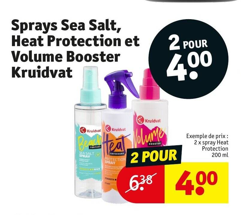 Promo Sprays Sea Salt, Heat Protection et Volume Booster Kruidvat chez