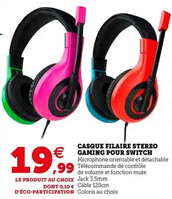 Hyper U Casque filaire stereo gaming pour switch offre