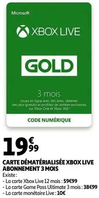 Auchan Xbox carte dématérialisée xbox live abonnement 3 mois offre