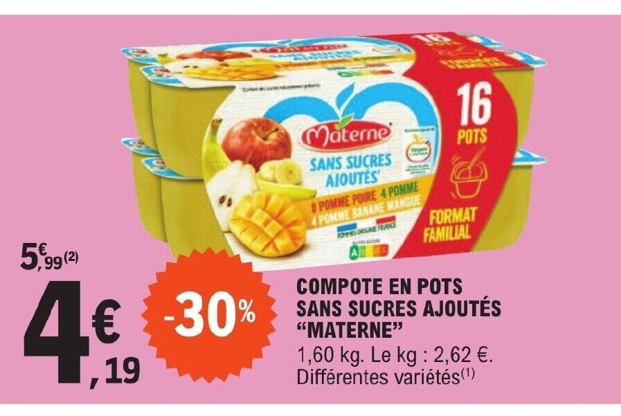 Promo COMPOTE EN POTS SANS SUCRES AJOUTÉS "MATERNE” chez E.Leclerc