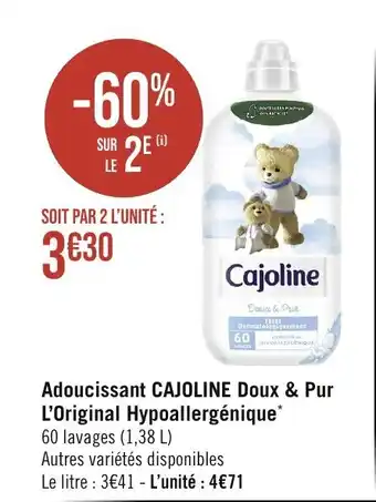 Casino Supermarchés Adoucissant CAJOLINE Doux & Pur L'Original Hypoallergénique* offre