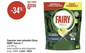 Casino Supermarchés Capsules lave-vaisselle Citron FAIRY Tout en 1* offre