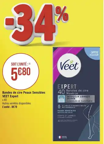 Casino Supermarchés Bandes de cire Peaux Sensibles VEET Expert offre