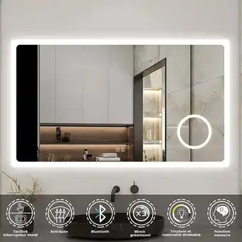 Bricorama Miroir lumineux loupe + bluetooth + tricolore + anti-buée 80x60cm salle de bain dimmable,mémoire,tactile,led offre