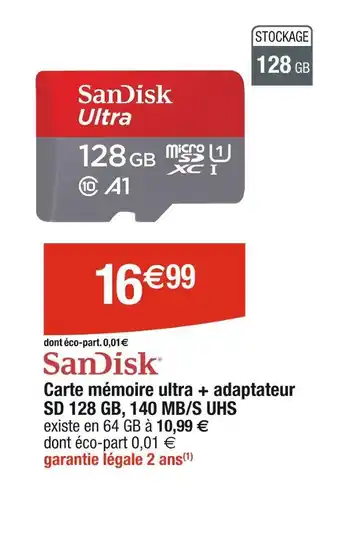 Cora SanDisk Carte mémoire ultra + adaptateur SD 128 GB, 140 MB/S UHS offre