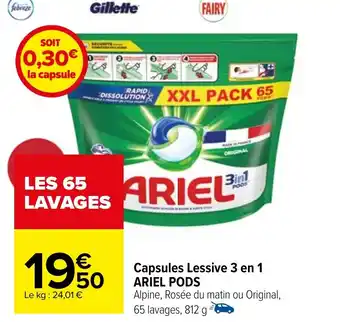 Carrefour Capsules Lessive 3 en 1 ARIEL PODS offre