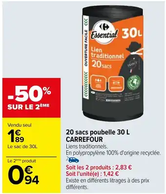 Carrefour 20 sacs poubelle 30 L CARREFOUR offre