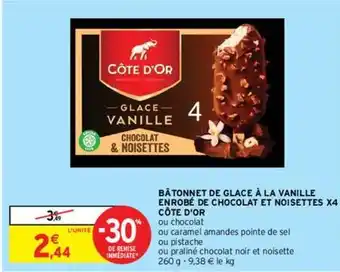 Intermarché Côte d'or - bâtonnet de glace à la vanille enrobé de chocolat et noisettes offre