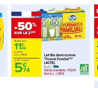 Carrefour Lait Bio demi-écrémé "Format Familial™(p) offre