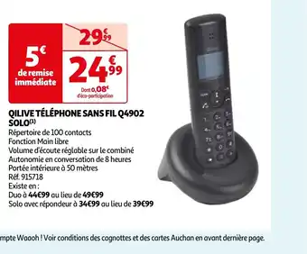 Auchan QILIVE TÉLÉPHONE SANS FIL Q4902 SOLO(¹) offre