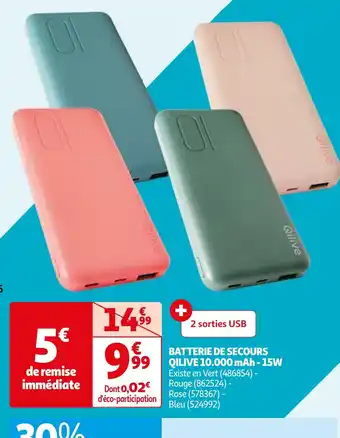 Auchan BATTERIE DE SECOURS QILIVE 10.000 mAh - 15W offre