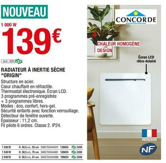 Brico Dépôt Concorde radiateur à inertie sèche "origin" offre