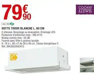 Brico Dépôt Cooke et lewis hotte tiroir blanche l. 60 cm offre